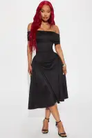Elegant Black Off-Shoulder Midi Dress with Ruched Detail & Stretch Fit – 44 Length
