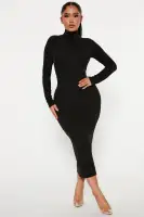 Elegant Ribbed Midi Dress - Mock Neck, Long Sleeve & Lined in Charcoal, Black, White, Green(Black,S)
