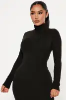 Elegant Ribbed Midi Dress - Mock Neck, Long Sleeve & Lined in Charcoal, Black, White, Green