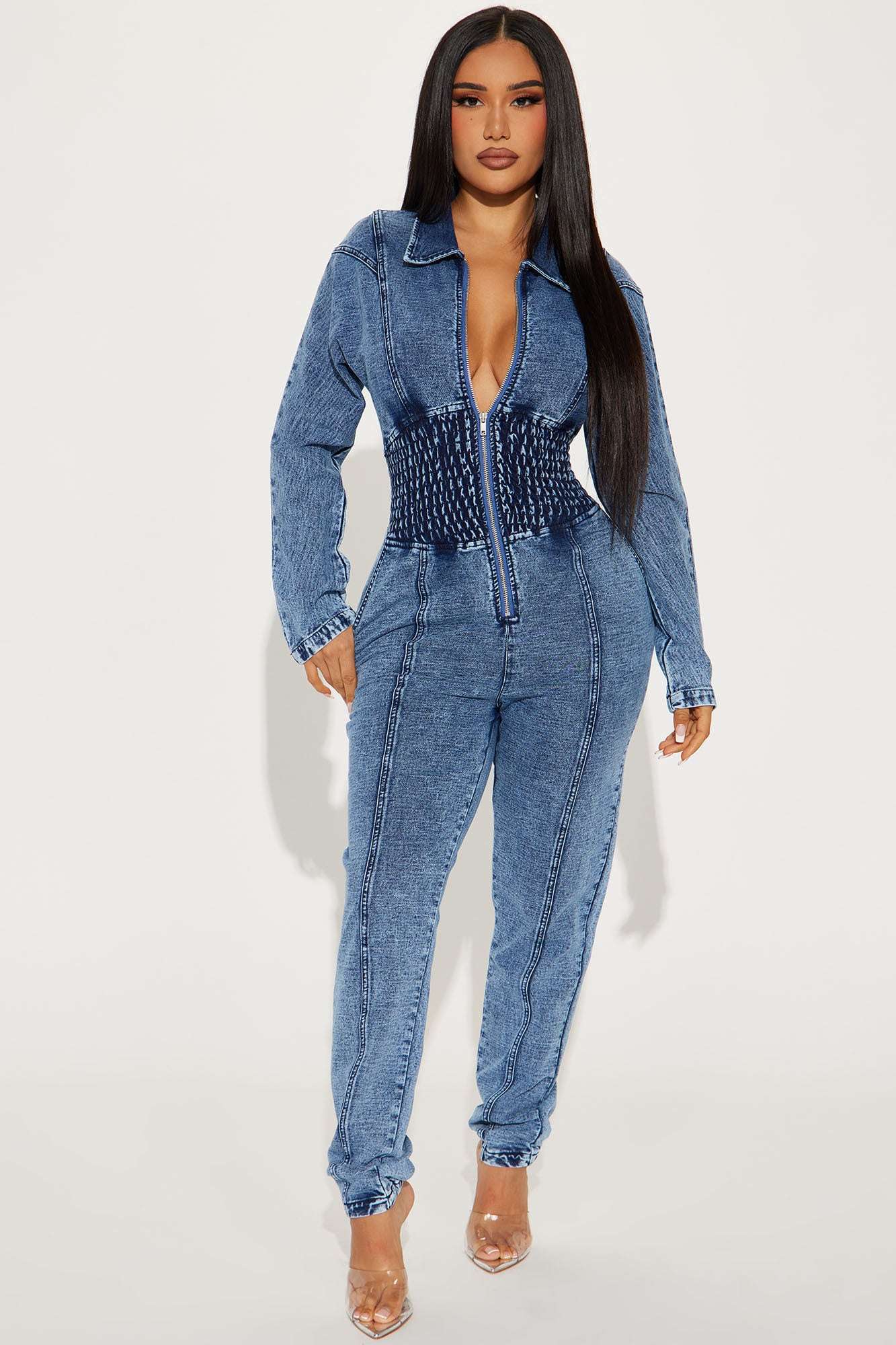 Collar Long Sleeve Front Zipper Jogger Pocket Stretch Jumpsuit