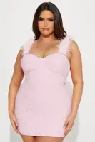 Pink Tweed Mini Dress with Feather Straps & Embellished Neckline – Elegant Party Wear(Pink,XS)