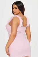 Pink Tweed Mini Dress with Feather Straps & Embellished Neckline – Elegant Party Wear(Pink,XS)