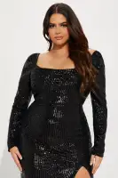 Elegant Black Sequin Maxi Dress with Long Sleeves & High Slit – Square Neckline & Hidden Zipper(Black,XS)