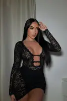 Sexy Black & Rust Lace Mini Dress with Deep V-Neck & Cut Outs - Long Sleeve Stretchy Bodycon Dress with Matching Panty(Black,XS)