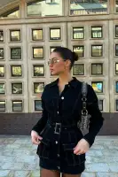 Black Denim Mini Dress with Collar, Long Sleeves & Cargo Pockets – 97% Cotton, 3% Spandex(Black,XS)