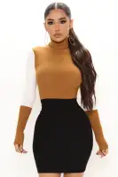 Stylish Black & Color Block Sweater Mini Dress - Long Sleeve Turtle Neck Stretch Dress (80% Viscose, 20% Polyester)