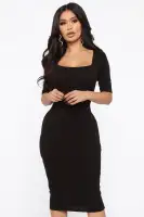 Elegant Square Neck Midi Dress - Stretch Cotton Blend in Black, Charcoal & Wine(Black,S)
