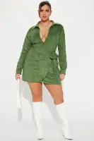 Stylish Green & Rust Suede Mini Dress with Collar, Long Sleeves, and Side Tie – Stretchy Polyester Blend(Green,XS)