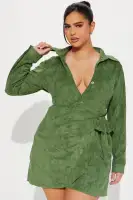 Stylish Green & Rust Suede Mini Dress with Collar, Long Sleeves, and Side Tie – Stretchy Polyester Blend(Green,XS)