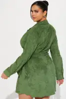 Stylish Green & Rust Suede Mini Dress with Collar, Long Sleeves, and Side Tie – Stretchy Polyester Blend(Green,XS)