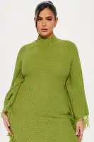 Chartreuse Distressed Sweater Maxi Dress - Mock Neck Long Sleeve Stretch Knit(Chartreuse,XS)