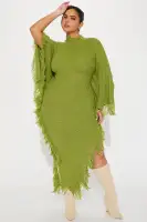 Chartreuse Distressed Sweater Maxi Dress - Mock Neck Long Sleeve Stretch Knit(Chartreuse,XS)
