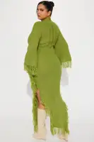 Chartreuse Distressed Sweater Maxi Dress - Mock Neck Long Sleeve Stretch Knit(Chartreuse,XS)
