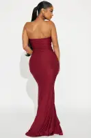 Elegant Strapless Maxi Dress with Ruffle Detail & Front Slit – Navy & Burgundy(Burgundy,XS)
