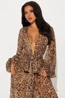 Elegant Leopard Print Maxi Dress with V-Neck, Balloon Sleeves & Tie Waist – 100% Polyester(Leopard,XS)