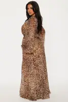 Elegant Leopard Print Maxi Dress with V-Neck, Balloon Sleeves & Tie Waist – 100% Polyester(Leopard,XS)