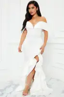 Elegant White Satin Maxi Dress - Off Shoulder Sleeveless with High Slit & Ruffle Hem