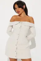 Chic Beige Off-Shoulder Mini Dress with Long Bell Sleeves & Button-Up Detail(Beige,XS)