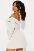 Chic Beige Off-Shoulder Mini Dress with Long Bell Sleeves & Button-Up Detail(Beige,XS)