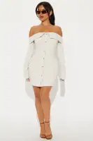Chic Beige Off-Shoulder Mini Dress with Long Bell Sleeves & Button-Up Detail