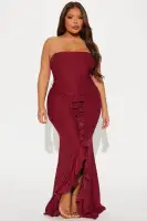 Elegant Strapless Maxi Dress with Ruffle Detail & Front Slit – Navy & Burgundy(Burgundy,XS)