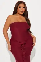 Elegant Strapless Maxi Dress with Ruffle Detail & Front Slit – Navy & Burgundy(Burgundy,XS)