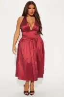 Elegant Wine Taffeta Midi Dress - Deep V-Neck Halter with Faux Corset Waist & Backless Design(Wine,XS)