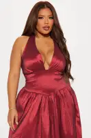 Elegant Wine Taffeta Midi Dress - Deep V-Neck Halter with Faux Corset Waist & Backless Design(Wine,XS)