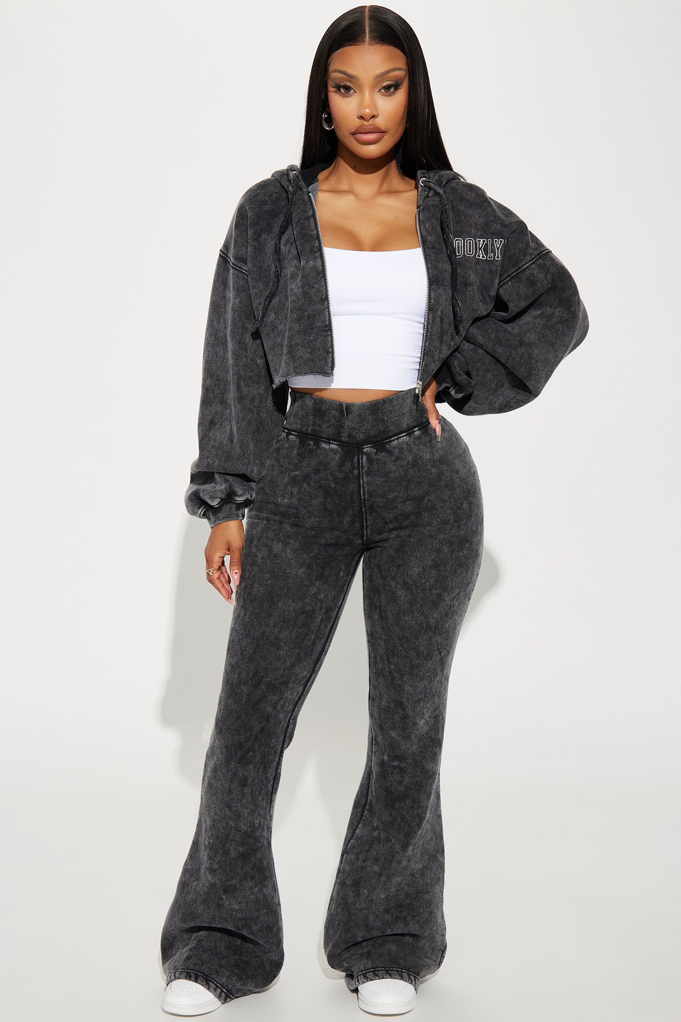Black Wash Elastic Waist Stretch Flare Leg Back Screen Print Sweatpants