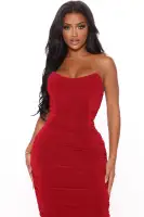 Elegant Strapless Midi Dress with Boning Detail - Black, Taupe & Wine Options(Wine,XS)