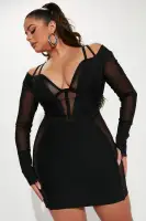 Sexy Black Bandage Mini Dress with Mesh Inserts & Back Zipper(Black,XS)