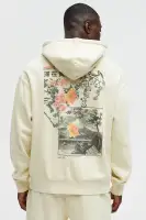 Tan Hoodie Drawstring Long Sleeve Screen Print Japan Cherry Blossom(Tan,S)