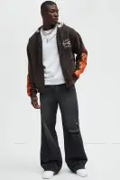Black Full-Zip Casual Long Sleeve Screen Print Hoodie(Brown,S)