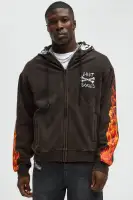 Black Full-Zip Casual Long Sleeve Screen Print Hoodie