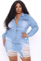 Distressed Light Wash Denim Midi Dress – Long Sleeve Button Front with Stretch(Light Wash,XS)
