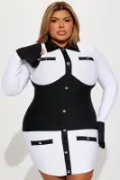 Chic Bandage Mini Dress with Long Bell Sleeves & Hardware Details – Black/White(Black/White,XS)