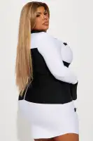 Chic Bandage Mini Dress with Long Bell Sleeves & Hardware Details – Black/White(Black/White,XS)