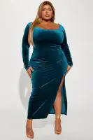 Elegant Hunter Velvet Maxi Dress with Long Sleeves & High Slit – Stretch Polyester & Spandex Blend(Hunter,XS)