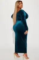 Elegant Hunter Velvet Maxi Dress with Long Sleeves & High Slit – Stretch Polyester & Spandex Blend(Hunter,XS)