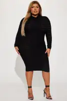 Elegant Black Sweater Midi Dress with Cut-Out Back & Zipper – Long Sleeve Turtle Neck Stretch Rayon Blend(Black,XS)