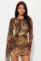 Sexy Leopard Print Mesh Mini Dress with Cape & Long Sheer Sleeves(Leopard,XS)