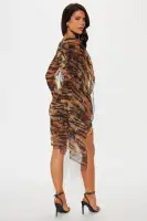 Sexy Leopard Print Mesh Mini Dress with Cape & Long Sheer Sleeves(Leopard,XS)