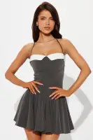 Chic Charcoal Pinstripe Mini Dress with Halter Neck & Built-in Shorts(Charcoal,XS)