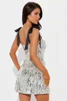 Silver Sequin Mini Dress with Square Neckline & Adjustable Straps – Glamorous Party Outfit(Silver,XS)