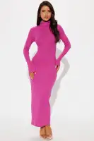Stylish Ribbed Turtleneck Midi Dress - Long Sleeve Stretch Cotton Blend in Black, Teal & Fuchsia