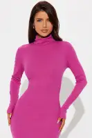 Stylish Ribbed Turtleneck Midi Dress - Long Sleeve Stretch Cotton Blend in Black, Teal & Fuchsia(Fuchsia,S)