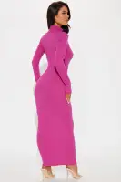 Stylish Ribbed Turtleneck Midi Dress - Long Sleeve Stretch Cotton Blend in Black, Teal & Fuchsia(Fuchsia,S)