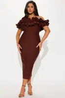 Sexy Off-Shoulder Bandage Midi Dress with Exposed Back - Red & Chocolate(Chocolate,XS)