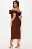 Sexy Off-Shoulder Bandage Midi Dress with Exposed Back - Red & Chocolate(Chocolate,XS)