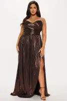 Elegant Bronze Metallic Gown – Sweetheart Neckline, Strapless with Draped Front & Side Slit(Bronze,XS)